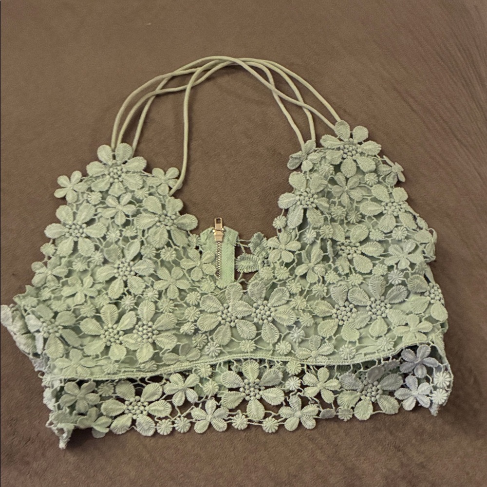 SHEIN Mint Green Floral Lace Crop Top
